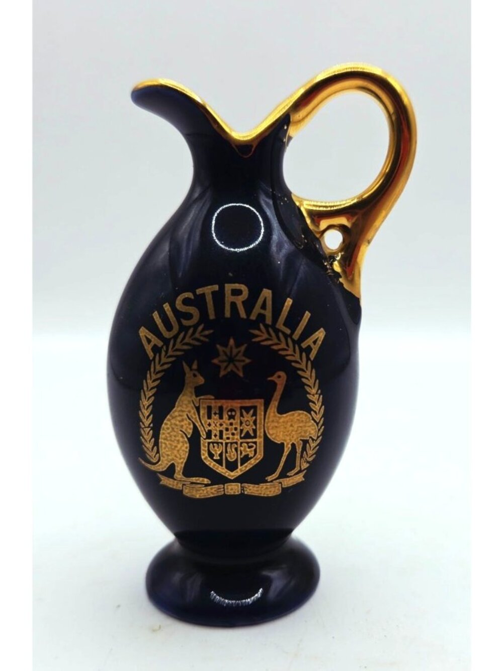 Vtg Limoges Japan Miniature Pitcher Australia Crest Gold Trim Navy Collectible